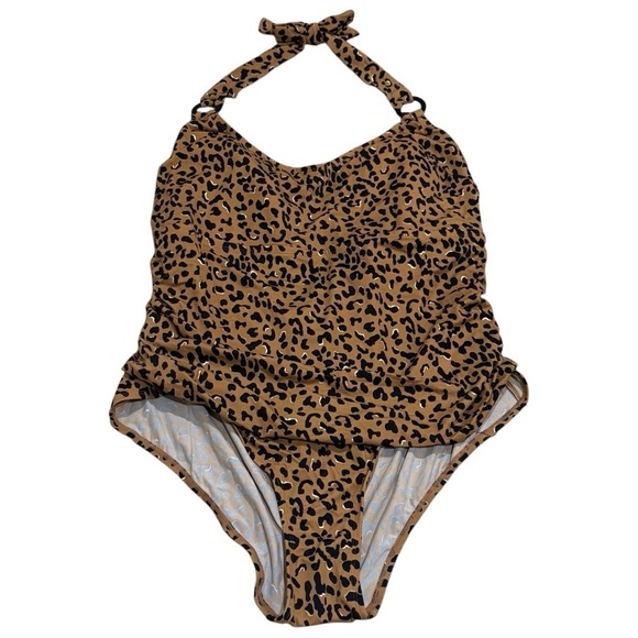 NEW Avenue Tan Black Gold Cheetah Print Halter Deep Back One Piece Size 26W - Picture 2 of 10